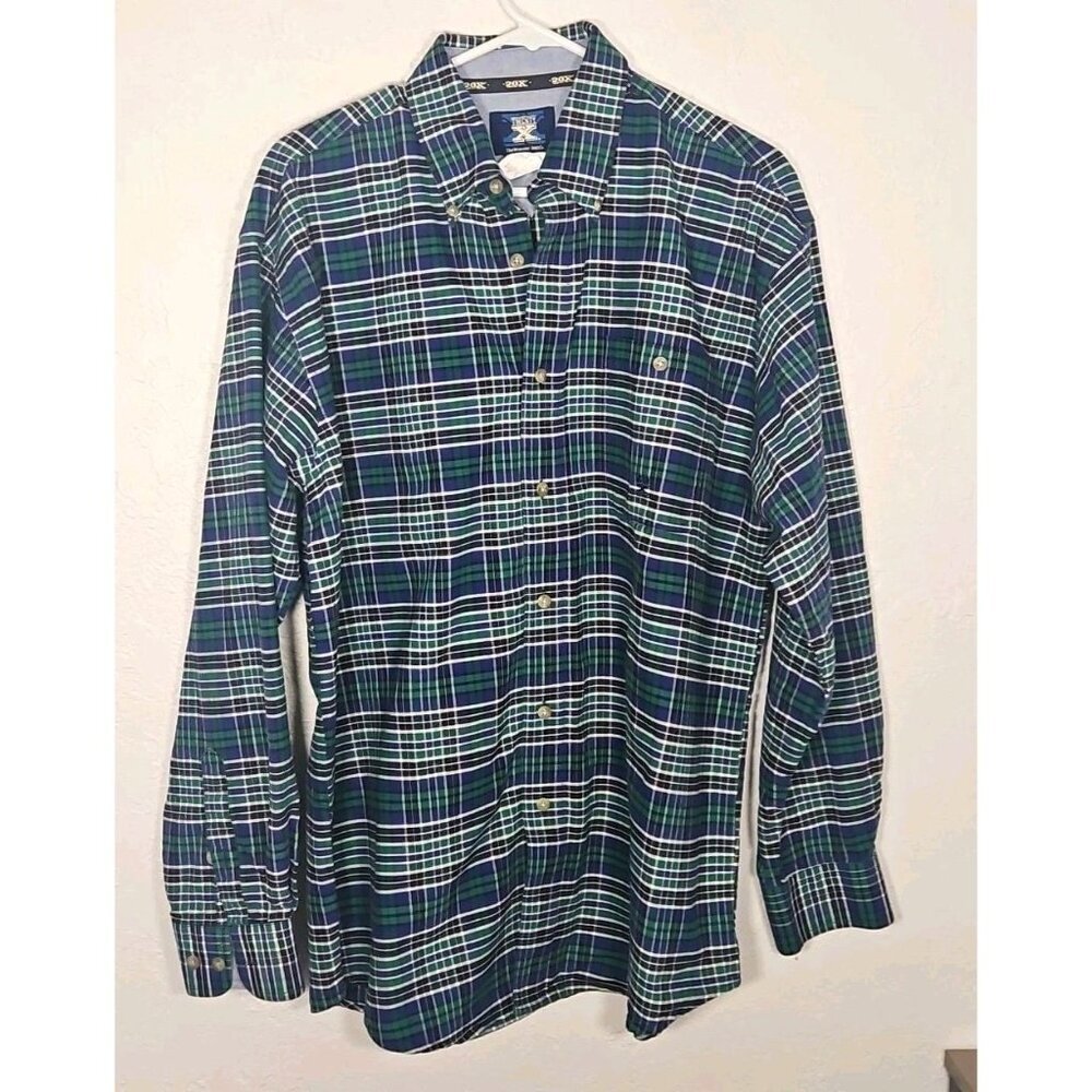 Wrangler Twenty X Shirt Men's L Blue Green Plaid Western Long Sleeve 100% Cotton